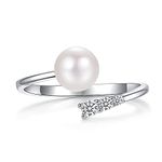 LUCKMORA Pearl Ring for Women Sterling Silver Rings 925 Adjustable Open June Birthstone Rings for Teen Girls with Real Round Genuine Freshwater Cultured Stackable (3D)