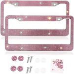 Handmade Baby Pink Bling Crystal Car License Plate Frames,Cute Waterproof Rhinestone SUV License Plate Holder,Stainless Steel Truck Plate Cover for Women(2 Frames)