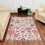 HOMA DORN Handmade Sustainable Printed Modern Dhurrie/Rugs/Carpet upcycled from scrap Fabric for Living Room/Bedside Runner for Enhanced Decor (5 feet x 7 feet, cream abstract)