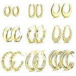 JeweBella 9 Pairs 14K Gold Hoop Earrings for Women Girls Chunky Gold Hoop Earrings Hypoallergenic Lightweight Thick Open Hoop Earrings Twisted Huggie Hoop Earrings