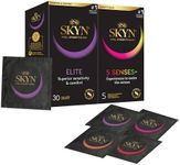 SKYN Elite Condoms Pack of 30 & 5 Senses Pack of 5 / Skynfeel Latex Free Condoms for Men, Ultra-Thin & Soft Condoms, Raised Dots, Cocktail Flavoured, Warming, Cooling