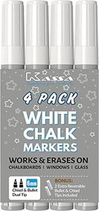 Kassa 4-Pack White Chalk Markers | Includes 2 6mm Reversible Bullet & Chisel Tips | Works on Chalkboard, Windows, Glass or Mirrors | Erasable & Dust-Free | Ideal Use at Home, School, Office & More