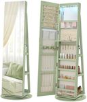 SONGMICS 6 LEDs Lockable Mirror Jewelry Cabinet, 360° Swivel Jewelry Organizer Armoire Standing, Frameless Full-Length Mirror, 3 Storage Shelves, Laurel Green Surface, Cream White Lining UJJC007C01