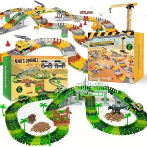 JITTERYGIT Dino Track Train and Construction Track Site Christmas Bundle Gift, Glow in The Dark Playset Racing Play Site Set,Cool Racetrack Present for Children, Ages 3 4 5 6 7 8 9 Years Old