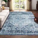 BRICHOEE Vintage Washable Area Rugs 5x7 Feet Blue Low-Pile Indoor Floral Print Carpet Non Slip Printed Boho Vintage Rugs for Living Room