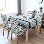 BRIDA® Polyester Spandex Stretchable Floral Geometric Printed Dining Chair Covers Elastic Chair Seat Case Protector, Slipcovers (4 Seater Table Cover + 4 Chair Cover, Zigzag Blue)