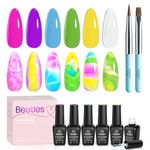 Beetles Gel Nail Polish Kit with 5 Colors, Summer Trendy Colors for Spreading Effect Marble Natural Stone Watercolor Floral Print Soak off Nail Gel Diy Nail Art Design Manicure