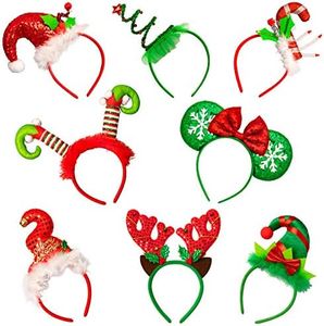 Whaline Christmas Headbands 8Pcs Xmas Tree Reindeer Headwear Antler Mickey Elf Head Hat Toppers Flexible Red Green Holiday hair Hoops for Christmas Holiday Party Photo Booth Favors Adults