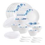 Cello Opalware Dazzle Series Blue Swirl Dinner Set, 35 Units | Opal Glass Dinner Set for 6 | Light-Weight, Daily Use Crockery Set for Dining | White Plate and Multipurpose Bowl Set