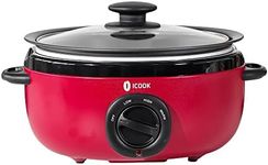 ICOOK USC-65-OP001RD 6.5 Quart Slow Cooker,Aluminium Sear/Sauté Stew Pot Stovetop safe,Dishwasher Safe,Glass Lid,Adjustable Temp,Food Warmer(Red)