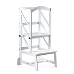 Kids Kitchen Helper Step Stool, Height Adjustable Standing Platform Toddler Standing Tower, Toddlers Learning Helper Tower with Safety handRail for Kitchen Counter Solid Bamboo (White)
