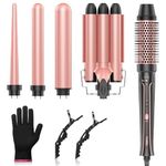 5 in 1 Curling Wand Set, Hair Curling Iron with Thermal Brush and 4 nterchangeable Ceramic Barrels 0.35-1.5 Inch, 3 Barrel Curling Iron Hair Crimper, Long Lasting Curls with Glove and 2 Clips