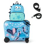 HONEY JOY Kids Luggage, 12” Children Travel Backpack & 18” Hard Shell Carry-on Luggage, Anti-Lost Adjustable Strap, Airplane Approved, 2 Pcs Ride-on Suitcase for Girls Boys(Blue Dinosaur)