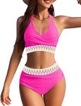 AI'MAGE Women High Waisted Bikini Sets Tummy Control Swimsuits Two Piece Swim Suits 2025 Color Block Halter Bathing Suits, Hot Pink, L