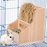 ZARYIEEO Rabbit Hay Feeder, Wooden Grass & Food 2 in 1 Double Use Dispenser, Wood Rack Manger Holder for Bunny Guinea Pig Chinchilla, Less Wasted Indoor Bowl Small Animal Pet-self Feeding Bin