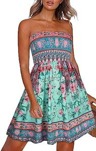CHICGAL Women Strapless Dresses Boho Sundress Summer Dresses Tube Top Dress for Beach (Boho Green Pink,M)