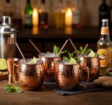 ESPLANADE Moscow Mule Cocktail Copper Mugs - Set of 4 Mugs, 4 Copper Straws, and a Peg Measurer (Mules Hammered with Modern Handle)