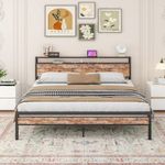 King Bed Frame with Storage Headboard and Charging Station,Platfrom Bed Frame King Size with Storage No Box Spring Needed,Heavy Duty Metal Slats,Mattress Base,No Noise,King Size Bed Frame,Black &Brown