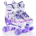 TOMSHOO Roller Skates for Children Junior, 4 Sizes Four Wheel Roller Boots Built In Adjuster, Luminous Wheels High-Top Shoes For Kids Gifts Indoor Outdoor(Purple S)