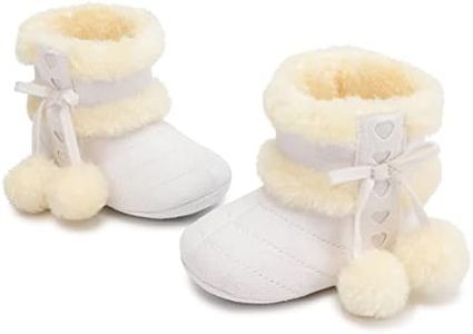 Sawimlgy Infant Baby Boys Girls Plush Winter Snow Boots Cowboy Tassels Bowknot Ankle Side Zipper Soft Sole Boots Toddler Newborn Warm First Walker Crib Outdoor Shoes, 04f White, 12-18 Months Toddler