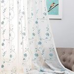 Blue Sheer Curtains 84 Inches Long, Floral Embroidered Rod Pocket Sheer Drapes for Living Room, Bedroom, 2 Panels, 52"x84", Semi Crinkle Voile Window Treatments for Yard, Patio, Villa, Parlor