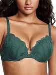 DOBREVA Women's Push Up Lace Bra Sexy Plunge Padded Underwire Support Bras Lift Up Midnight Emerald 38A