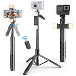 Mobilife 62" Selfie Stick with Tripod Stand 360 Degree Rotation Dual Fill Light Balance Handle Long Reinforced Tripod with Remote for iPhone Camera Vlogging Travel Live Stream, Black