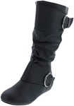 Forever Link Women's Closed Round Toe Buckle Slouch Flat Heel Mid-Calf Boot, Black Pu, 8 UK