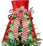 LATERN Christmas Tree Topper, 30CM Large Red Xmas Tree Top Hat with Striped Bow Ribbon and Lollipop for Home Christmas Holiday Winter Decor Desktop Ornaments
