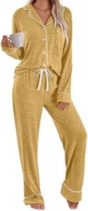 LILLUSORY Women's Long Sleeve Pajama Set - Soft Button-Down Top & Comfortable Drawstring Pants with Pockets Yellow 2XL