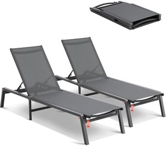 VEVOR Chaise Lounge Chairs Outdoor, Aluminum Patio Lounge Chairs with Adjustable 5-Position, Folding Pool Lounge Chairs Recliner and Full Flat Tanning Chairs for Patio, Beach, Pool, Dark Grey, 2 pcs