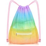 Mesh Drawstring Bag with Zipper Pocket, Beach Bag for Swimming Gear Backpack Gym Storage Bag for Adult Kids