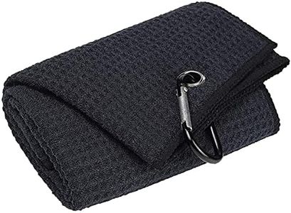 Angju Tri-fold Golf Towel | Premium Microfiber Fabric | Waffle Pattern | Heavy Duty Carabiner Clip