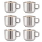 WALKN Stainless Steel Double Wall Fancy Tea Cups/Coffee Mugs for Home, Office | Set of 6, 80ml Capacity | Lightweight, Portable, Reusable, Easy to Clean | Hot & Cold Beverage | Silver (Classic)