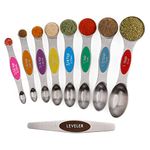 Baoswi 9 Pack Magnetic measuring spoons set, stackable on both sides, Germany stainless steel, for use in spice jars and liquids, set of 9-Multicolour