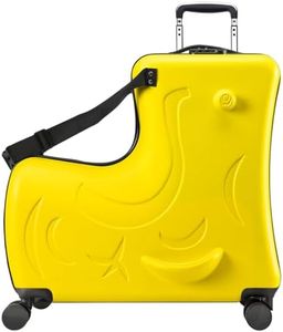 AO WEI LA OW Hardside Ride on Kids Luggage with 4 Spinner Wheels for Girls and Boys, Rolling Childrens Travel Suitcase with Seat and Safety Belt for Toddler Ages 2-12 (Yellow, 25-Inch Checked)