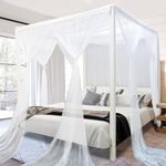 South to East White Canopy Curtains 4 Corner Bed Canopy Elegant Bed Curtains for Bedroom Decor 75D Polyester Mesh 4 Openings Easy Installation Bed Curtain