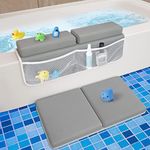 Tiikiy Baby Bath Kneeler and Elbow Rest Pad for Baby Bathing Parents, Painless Foam Mat with Toy Organizer Pockets Support Large Bathtub, Quick Drying, Non-Slip for Baby and Toddler Bathing (Grey)