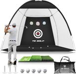 TS GOLF- Golf Practice Net - 10x7ft - XL Tri-Turf Golf driving net and Mat, 5 Balls, 3 Rubber Tees, Carry Bag, Chipping net, golf nets for backyard driving