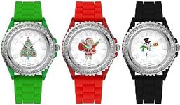 Blekon Geneva Women's Holiday Boyfriend White Dial with Christmas Tree Santa Snowman and Crystals Silicone Buckle Strap Watch