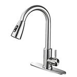 Kitchen Faucet with Pull Down Sprayer,Stainless Steel Brushed Nickel Kitchen Sink Faucet with Deck Plate, Single Handle Lead-Free Swan Neck Kitchen Sink tap, 360 Swivel & Spring Spout Pull Out Bar Tap