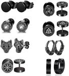 Stainless Steel Viking Earrings,Classic Black Stud Earrings for Men,Black Earrings for Men,8/10 Pairs Mens Earrings, Hoops Barbell Ear Plugs Ear Piercing Triangle Screw Studs Earrings (8 PCS)