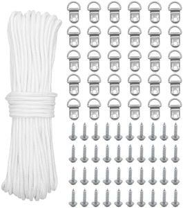 KAXIMON 30M x 2mm Picture Hanging Cord, White Strong Nylon Picture Hanging Wire, Picture Frame Hanging String with 30 D-Ring Hooks and 40 Screws