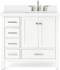 ARIEL 37" Inch White Bathroom Vanity w/ 1.5" Edge Pure White Quartz Countertop & Backsplash | Right Rectangular Sink | 2 Soft Closing Doors & 5 Full Extension Dovetail Drawers | Satin Nickel Pulls