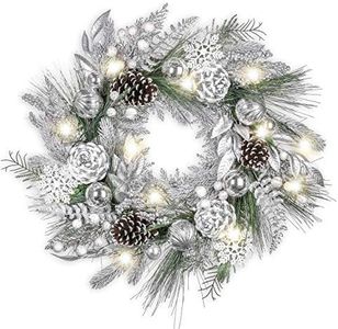 Valery Madelyn 24'' Pre-Lit Christmas Wreath for Front Door with Light, Large Lighted Outdoor Christmas Wreath with Snowy Silver White Xmas Ball Pinecones for Home Porch Fireplace Window Holiday Decor