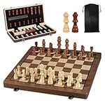 kawaiicrocodile Magnetic Wooden Chess Set, 15'' Folding Chess Board Set, Chess Set with 1 Storage Bags and 2 Extra Queens, Gifts for Man, Women, Beginner (Walnut)