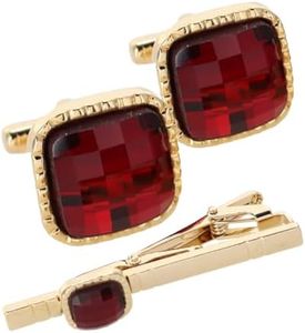 Vittorio Vico Square Colored Crystal Cufflinks & Tie Bar Set Red/Gold (CS 055G)