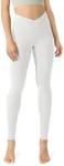 ODODOS Women's Cross Waist Full Length Yoga Leggings with Inner Pocket, Inseam 28" Gathered Crossover Workout Yoga Pants, White, Small