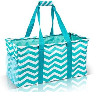 Lucazzi Extra Large Utility Tote Bag - Oversized Collapsible Reusable Wire Frame Rectangular Canvas Basket With Two Exterior Pockets For Beach, Pool, Laundry, Car Trunk, Storage - Chevron Teal