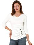 Allegra K Women's V Neck Blouse 3/4 Sleeves Solid Knitted Buttons Decor Ruched Top White 16